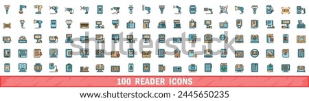 100 reader icons set. Color line set of reader vector icons thin line color flat on white
