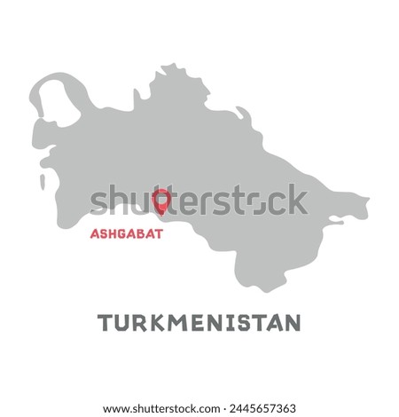 Turkmenistan vector map illustration, country map silhouette with mark the capital city of Turkmenistan inside. Map of Turkmenistan vector drawing. Filled illustration isolated on white background.