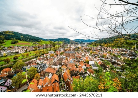 View of the town of Hausach from Husen Castle near Hausach. Landscape with a village in the Black Forest in the Kinzig valley.	 Royalty-Free Stock Photo #2445670211