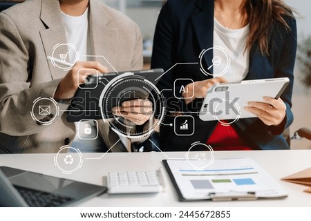 Business team present. professional investor working new start up project. tablet laptop computer with digital marketing media in virtual icon design Finance 