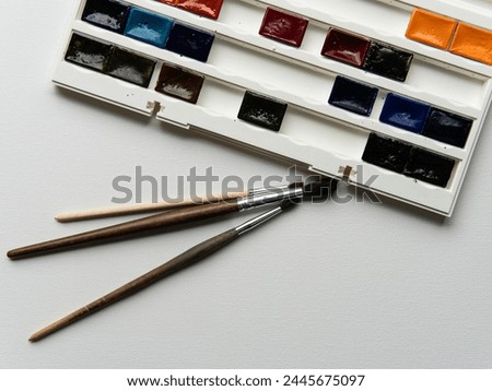 brushes and watercolor paints on a white background