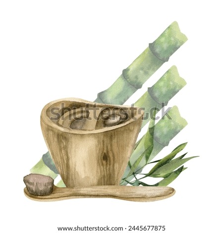Body care composition with bamboo toothbrush, wooden brush cup and green fresh bamboo sticks on background. Watercolor body care zero waste clip art. Bathroom design. Product, packing design.