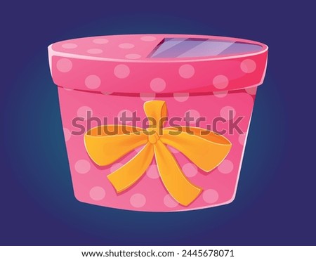 Pink spotted gift box with lid and bow. Vector isolated cartoon illustration of a present for Valentine's day or other holiday.