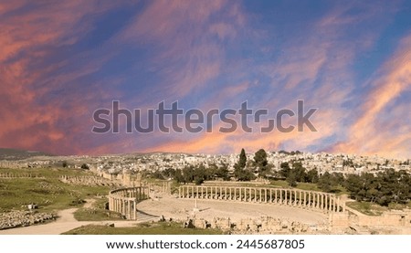 Forum (Oval Plaza) in Gerasa (Jerash), Jordan. Was built in the first century AD. Against the background of a beautiful sky with clouds.   