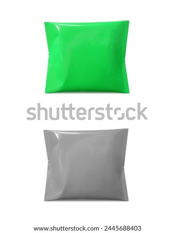 Grey or green Food snack packaging mockup photo shooting. Blank plain Pack shot product pillow bag isolated on white background, template for packaging label design