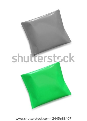 Grey or green Food snack packaging mockup photo shooting. Blank plain Pack shot product pillow bag isolated on white background, template for packaging label design