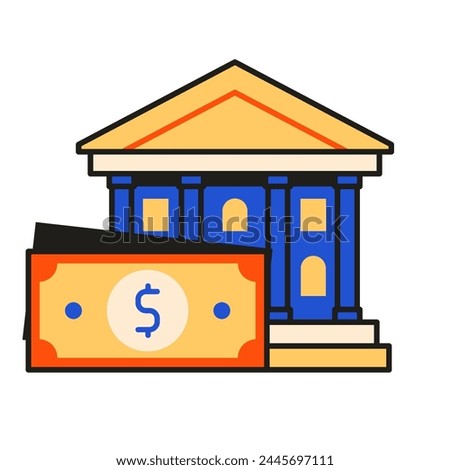 Bank system icon with finance building and money in flat design. Banking and financing temple clip art.