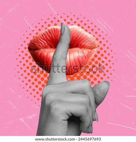 Art collage finger on lips, silent gesture. emotional girl Journal in collage style with trendy colored background.