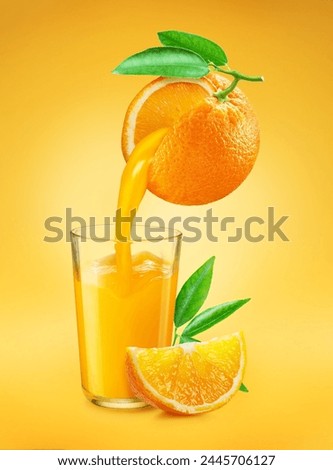 Glass of orange juice and juice pouring from ripe orange isolated on light orange background. Conceptual picture.