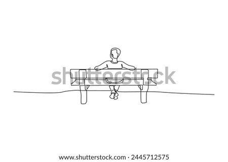 Continuous one line drawing of young man sitting relaxed in a public park. Natural ecology park logo hand drawn minimalist concept. Modern single line draw design vector graphic illustration