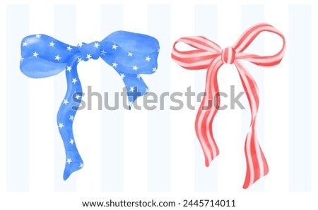 Coquette 4th of July stars and stripes ribbon Bows Watercolor vector illustration.