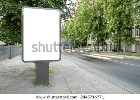 Blank Mockup Of Billboard Display On The Sidewalk. Street Poster Advertising Between Green Trees