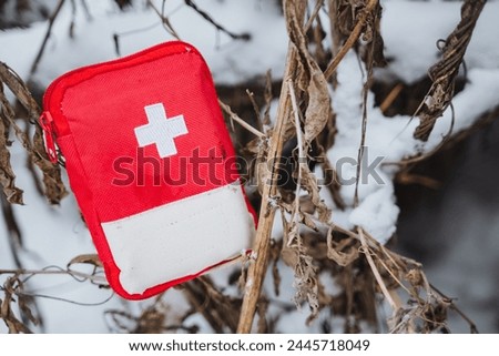 A compact first aid kit for a lost tourist in the forest, a white cross is a symbol of medicines. High quality photo