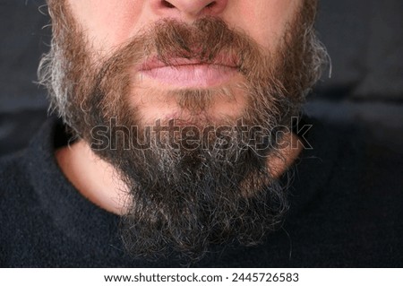 Men's beard. The guy's face is large. Brutal macho. Mustache and beard. Barber. Lumberjack. Portrait of a handsome man with a beard                                Royalty-Free Stock Photo #2445726583