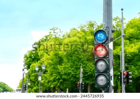 Traffic light for pedestrian and cyclists against the cold rayny city