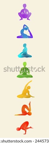 Elevated practice with vibrant yoga mat design featuring 7 base poses. Clean design of rainbow silhouettes perfect for spiritual wellness and available in vector format. Nice as a isolated clip art.