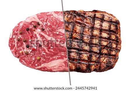Beef steak consists of two part raw one and grilled on white background. Conceptual picture of steak.