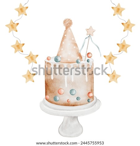 Birthday cake watercolor. Vintage illustration hand drawing of a holiday pie. Clip art isolated on white background sweet pastries. Ideal for designing baby shower and birthday cards and invitations