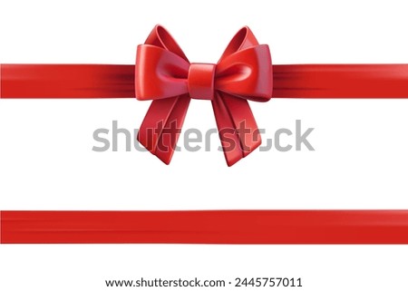 Red ribbon with a bow on the top of gift box. Design template. 3d vector illustration