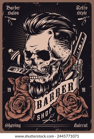 Barber shop poster colorful skull with hipster hairstyle and mustache near hair cutting scissors and roses or razor vector illustration
