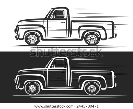 Vector logo for Vintage Truck, horizontal decorative banners with contour clip art illustration of us historic truck in motion, line design monochrome old cargo truck on black and white background