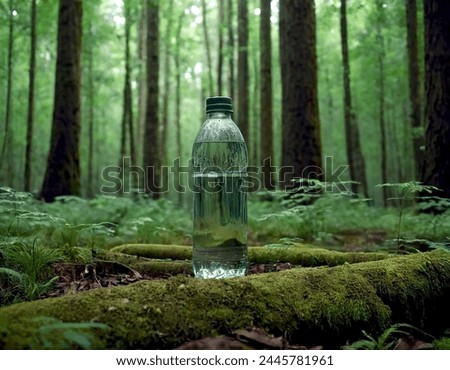 "Plastic Bottle in Deep Forest" photo. A single discarded bottle pierces the mystical ambiance of an ancient woodland realm.