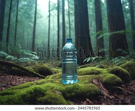 "Plastic Bottle in Deep Forest" photo. A single discarded bottle pierces the mystical ambiance of an ancient woodland realm.