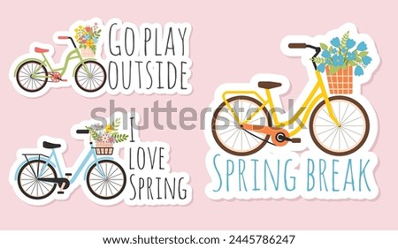 Three cute women's bicycles with baskets of spring flowers. Set of spring stickers with lettering on spring theme. Vector compositions for greeting card, scrapbooking, magnets