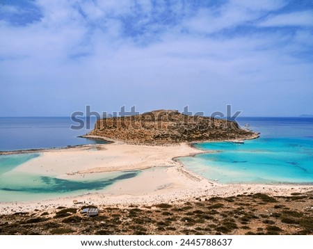 Balos Lagoon Beach and Cape Tigani, elevated view, Gramvousa Peninsula, Chania Region, Crete, Greek Islands, Greece, Europe Royalty-Free Stock Photo #2445788637