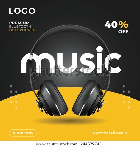 Premium Headphone Social Media wireless ad design templet vector 4k HD new latest black yellow classic cool music