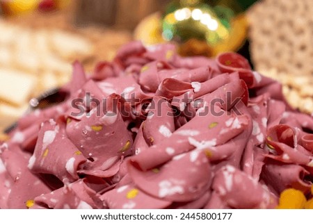 mortadella sausage slice marinated vegetable olive, pickled cucumber, pepper, gherkin fresh eating appetizer meal food snack food background rustic. Bowl with Sliced ham on table.
Traditional Italian Royalty-Free Stock Photo #2445800177