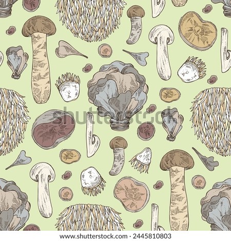 Seamless pattern with mushroom:  thelephora ganbajun, tricholoma matsutake, hericium erinaceus and auricularia polytricha. Vector hand drawn illustration Royalty-Free Stock Photo #2445810803