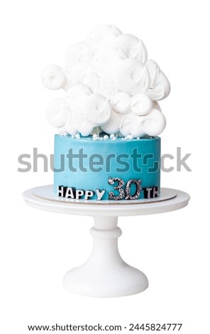 Cake for boy with whipped cream, decorated with cloud on white background. Picture for a menu or a confectionery catalog. PNG
