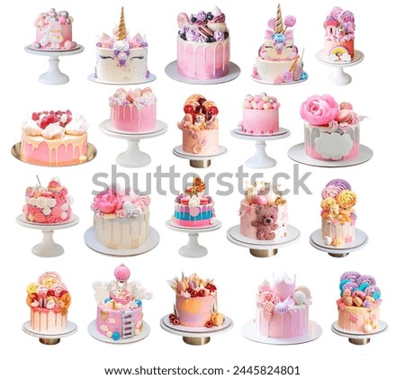 Ultimate set of different beautiful pink colored modern cakes. Delicious and tender desserts for any occasions. PNG, copy space