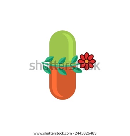 Capsule with a flower inside. Natural food supplements, medicines and ingredients. Vector illustration.