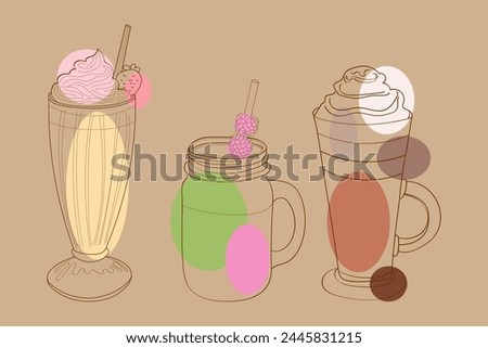 A hand-drawn illustration featuring three distinct types of beverages, showcasing their unique characteristics and colors