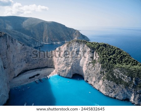 Greece ionian island Zakynthos. Navagio beach bay and cliffs aerial landscape. High quality photo