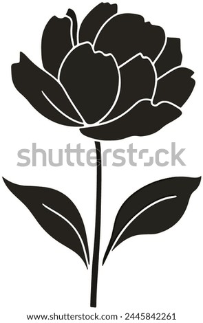 A minimalist and elegant black vector illustration of a single flower in full bloom. The flower, with its delicate petals, stands tall in the center of the image.