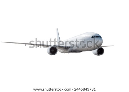 Wide body passenger aircraft flying isolated on white background Royalty-Free Stock Photo #2445843731