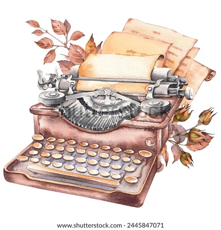 Retro typewriter with old paper and parchments. Vintage object clip art. Watercolor hand painted illustration.