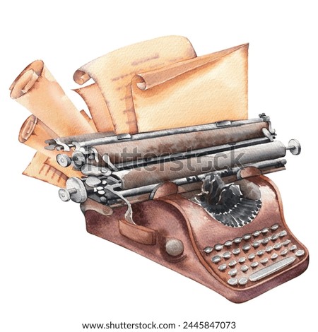 Watercolor typewriter with old paper and parchment scrolls. Vintage object clip art, hand painted illustration.