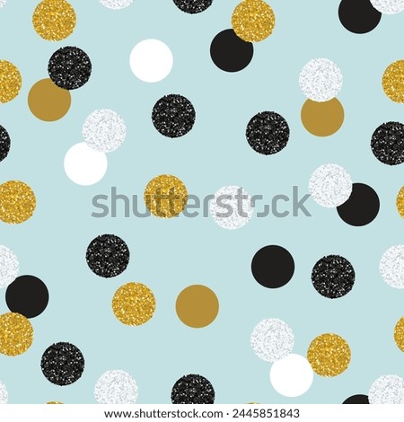 Seamless pattern in black, golden, and white glitter polka dots. Vector illustration, abstract background