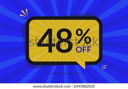 48 percent off. 48% discount. Blue and Yellow banner with floating balloon for promotions and offers.