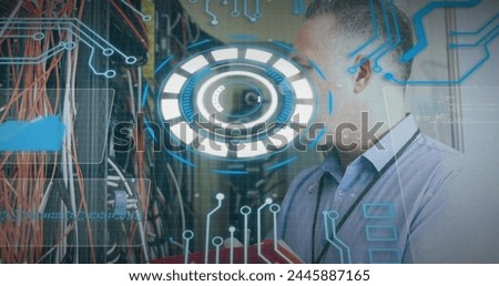 Image of scope scanning and data processing over caucasian it man computer server. global computing and data processing concept digitally generated image.