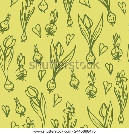 
Seamless pattern with bulbous flowers and hearts. Vector background in green color. Royalty-Free Stock Photo #2445888495