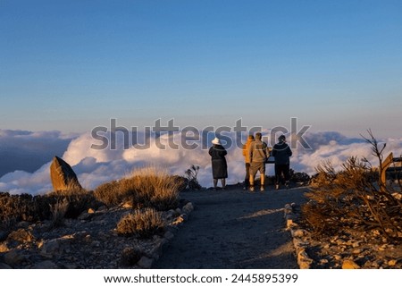 A family of tourists enjoying themselves on a balcony looking out over a sea of clouds in Tenerife, Canary Islands