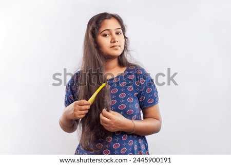hair combing, brushing, female long hair, hair falling, white background,women, Indian 