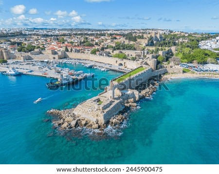 Aero Photography. View from a flying drone. Romantic Rhodes. Rhodes Island in Greece. Marina from a bird's eye view. port- top view Royalty-Free Stock Photo #2445900475