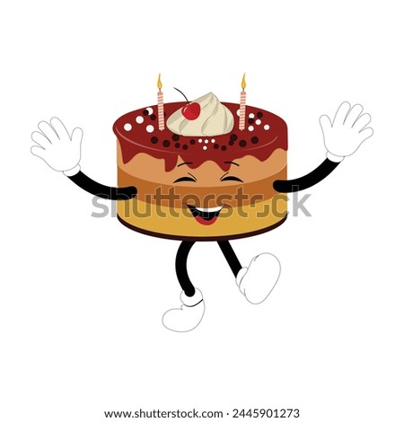 Cute sweet birthday cake cartoon character design, vintage character cartoon birthday cake, retro sticker of happy chocolate cake with candles