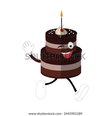 Cute sweet birthday cake cartoon character design, vintage character cartoon birthday cake, retro sticker of happy chocolate cake with candles